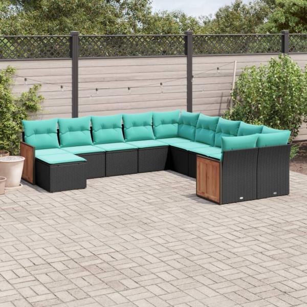 ARDEBO.de - 11-teiliges Gartensofa-Set mit Kissen, schwarzes Polyrattan