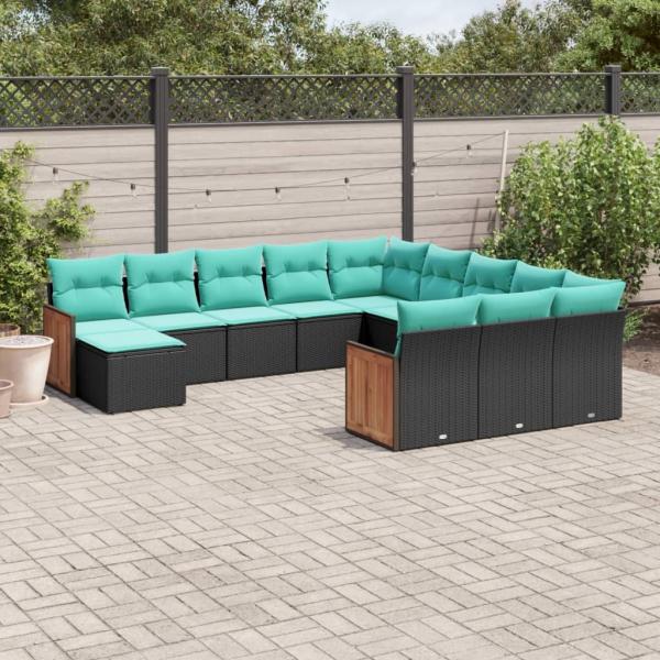 ARDEBO.de - 12-teiliges Gartensofa-Set mit Kissen, schwarzes Polyrattan