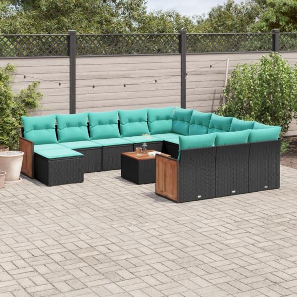 ARDEBO.de - 13-teiliges Gartensofa-Set mit Kissen, schwarzes Polyrattan