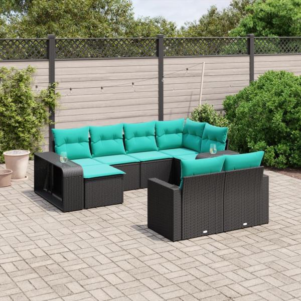 ARDEBO.de - 10-teiliges Gartensofa-Set mit Kissen, schwarzes Polyrattan
