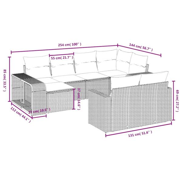 10-teiliges Gartensofa-Set mit Kissen, grau, Polyrattan