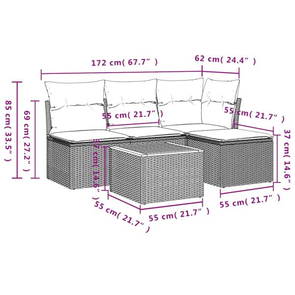 5-teiliges Gartensofa-Set mit Kissen, grau, Polyrattan