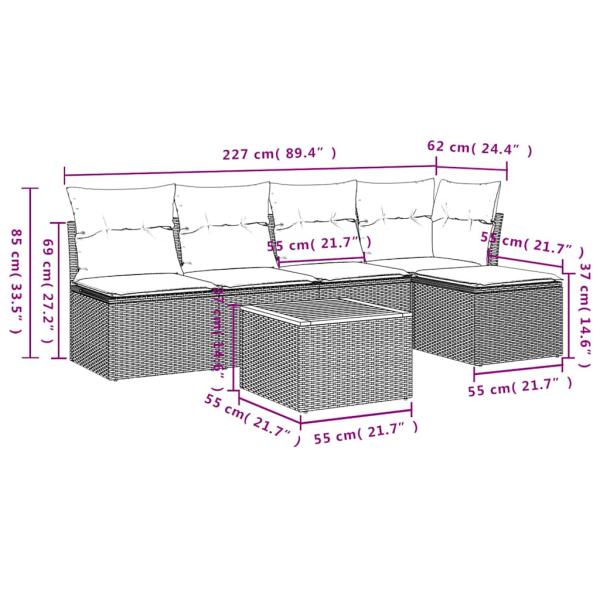 6-teiliges Gartensofa-Set mit Kissen, grau, Polyrattan