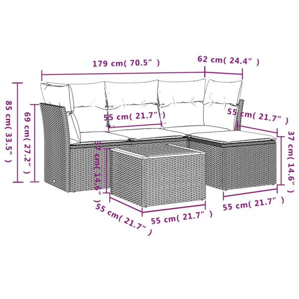 5-teiliges Gartensofa-Set mit Kissen, grau, Polyrattan