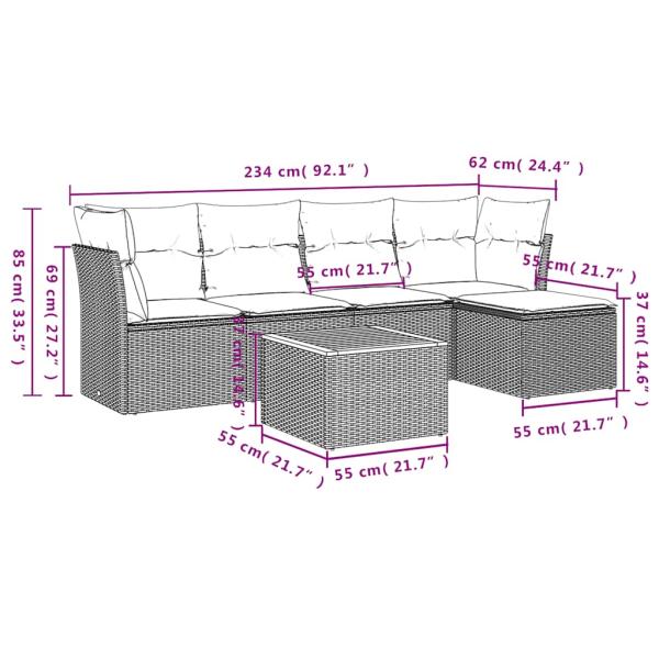 6-teiliges Gartensofa-Set mit Kissen, grau, Polyrattan