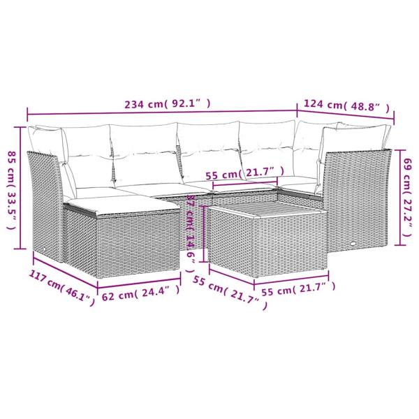 7-teiliges Gartensofa-Set mit Kissen, grau, Polyrattan