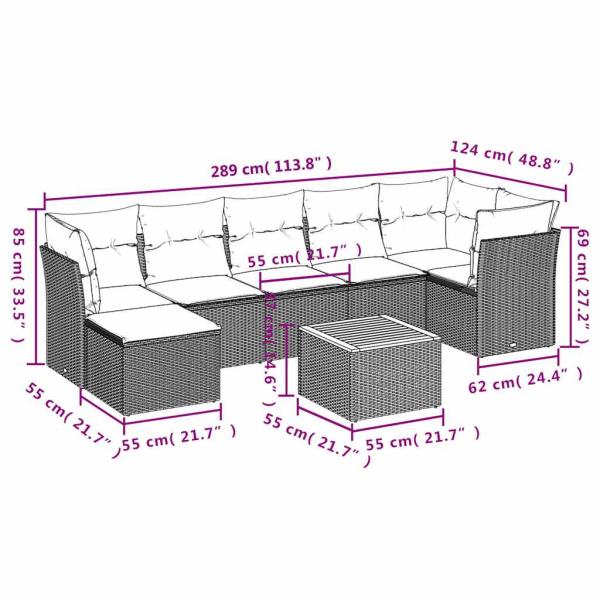 8-teiliges Gartensofa-Set mit Kissen, grau, Polyrattan