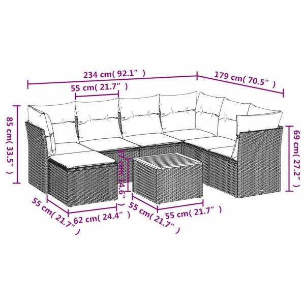 8-teiliges Gartensofa-Set mit Kissen, grau, Polyrattan