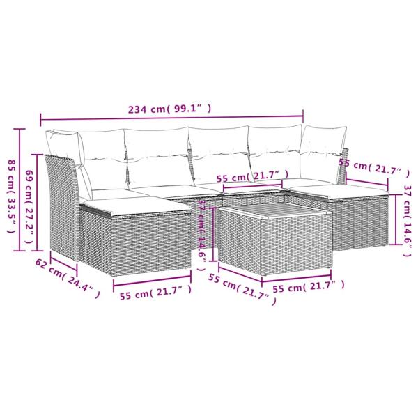 7-teiliges Gartensofa-Set mit Kissen, grau, Polyrattan