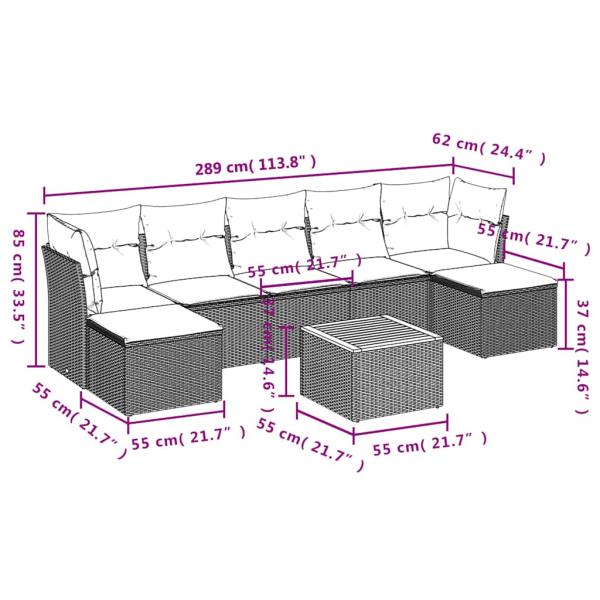 8-teiliges Gartensofa-Set mit Kissen, grau, Polyrattan