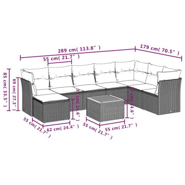 9-teiliges Gartensofa-Set mit Kissen, grau, Polyrattan