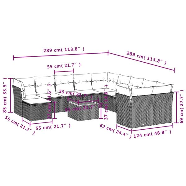 12-teiliges Gartensofa-Set mit Kissen, grau, Polyrattan