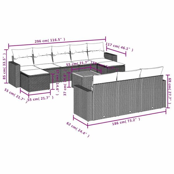 11-teiliges Gartensofa-Set mit Kissen, grau, Polyrattan