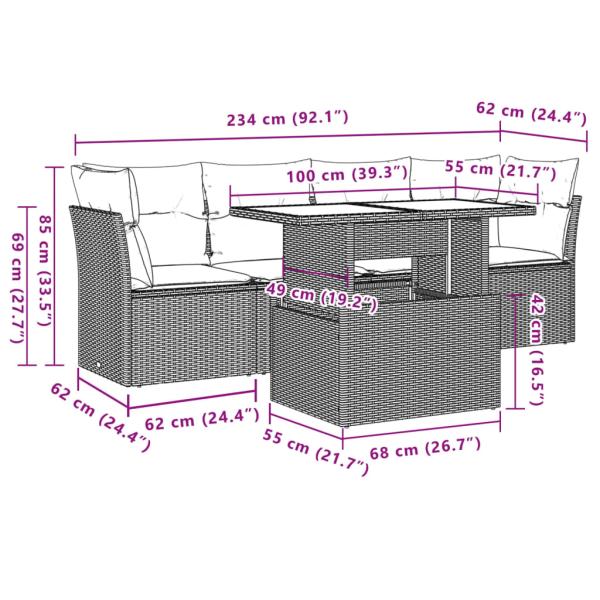5-teiliges Gartensofa-Set mit Kissen, grau, Polyrattan