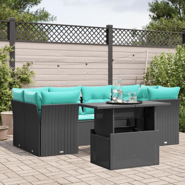 ARDEBO.de - 7-teiliges Gartensofa-Set mit Kissen, schwarzes Polyrattan