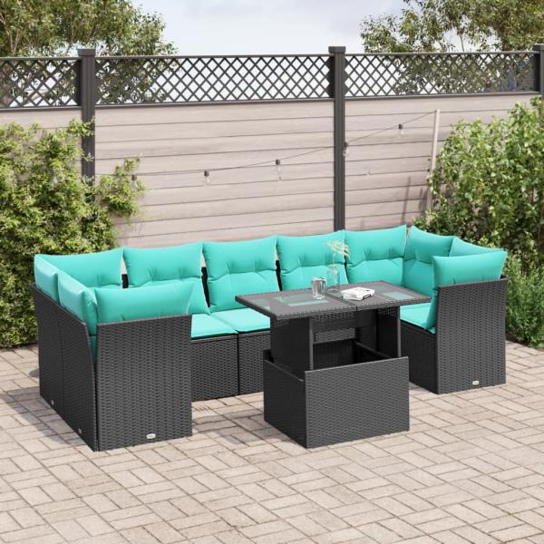 ARDEBO.de - 8-teiliges Gartensofa-Set mit Kissen, schwarzes Polyrattan