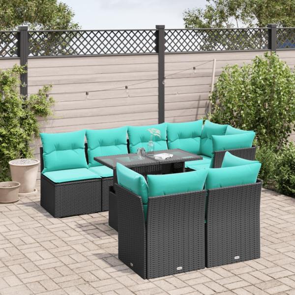 ARDEBO.de - 8-teiliges Gartensofa-Set mit Kissen, schwarzes Polyrattan