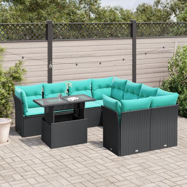 ARDEBO.de - 9-teiliges Gartensofa-Set mit Kissen, schwarzes Polyrattan