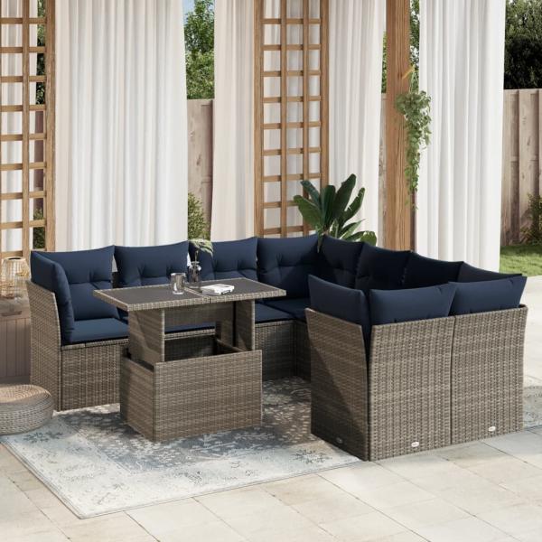 ARDEBO.de - 9-teiliges Gartensofa-Set mit Kissen, grau, Polyrattan