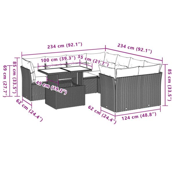 9-teiliges Gartensofa-Set mit Kissen, braun, Polyrattan