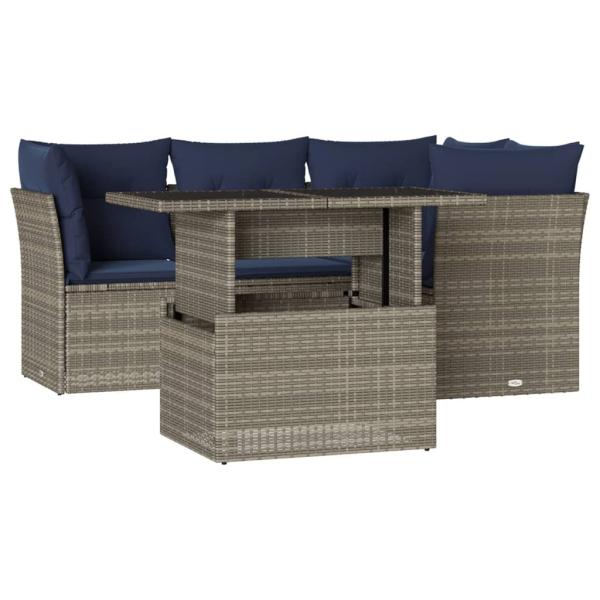 5-teiliges Gartensofa-Set mit Kissen, grau, Polyrattan