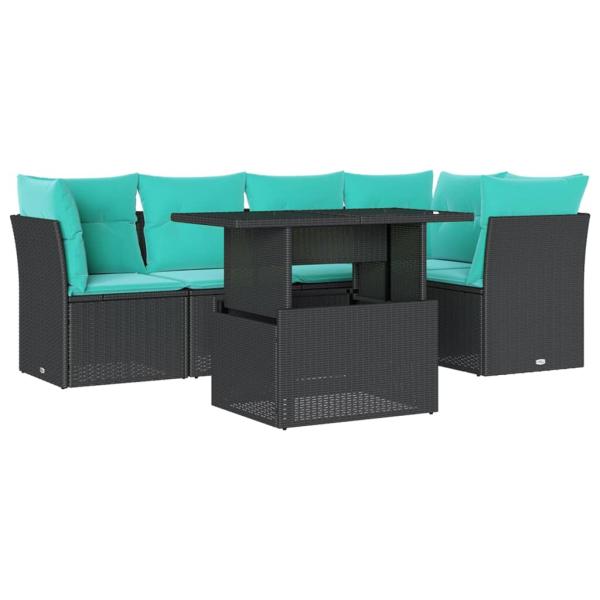 6-teiliges Gartensofa-Set mit Kissen, schwarzes Polyrattan