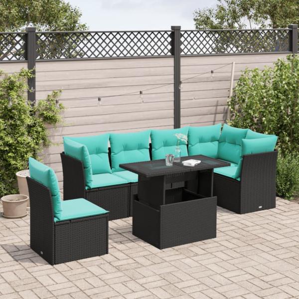 ARDEBO.de - 7-teiliges Gartensofa-Set mit Kissen, schwarzes Polyrattan