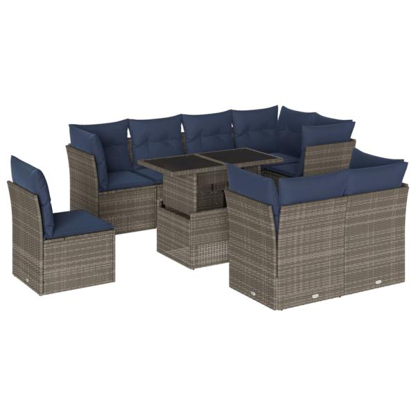 9-teiliges Gartensofa-Set mit Kissen, grau, Polyrattan