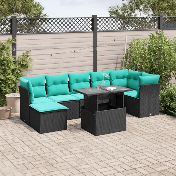 ARDEBO.de - 8-teiliges Gartensofa-Set mit Kissen, schwarzes Polyrattan