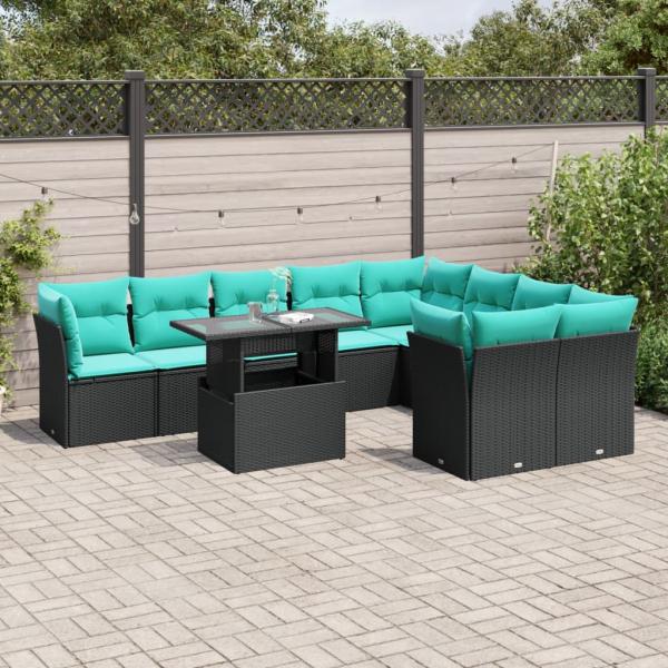 ARDEBO.de - 10-teiliges Gartensofa-Set mit Kissen, schwarzes Polyrattan