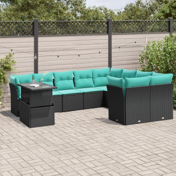 ARDEBO.de - 10-teiliges Gartensofa-Set mit Kissen, schwarzes Polyrattan