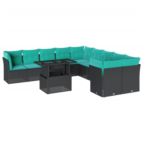 11-teiliges Gartensofa-Set mit Kissen, schwarzes Polyrattan