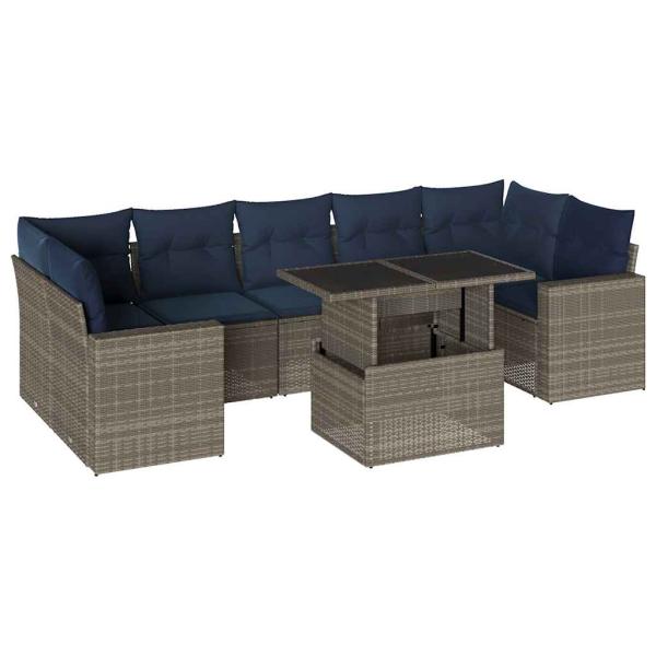 8-teiliges Gartensofa-Set mit Kissen, grau, Polyrattan