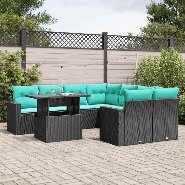 ARDEBO.de - 9-teiliges Gartensofa-Set mit Kissen, schwarzes Polyrattan