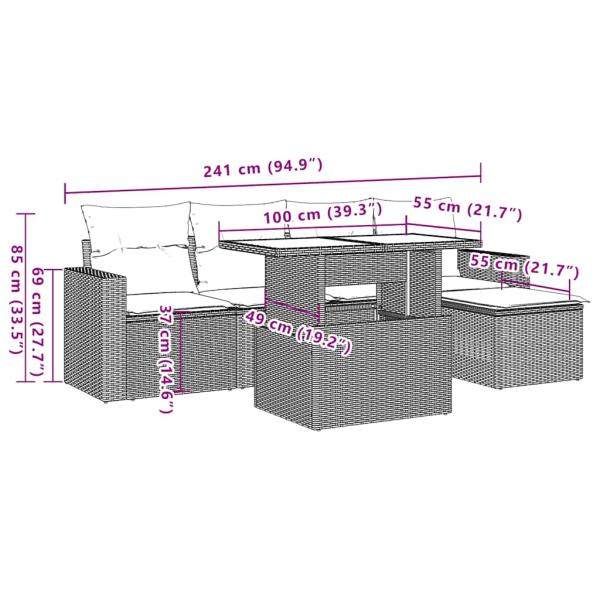 5-teiliges Gartensofa-Set mit Kissen, grau, Polyrattan