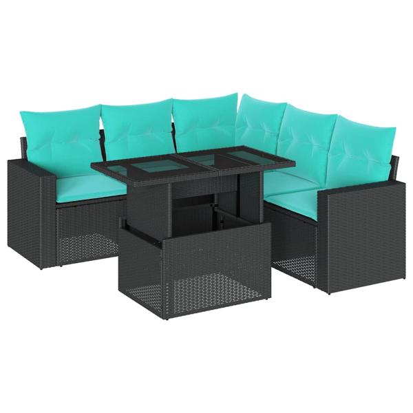 6-teiliges Gartensofa-Set mit Kissen, schwarzes Polyrattan