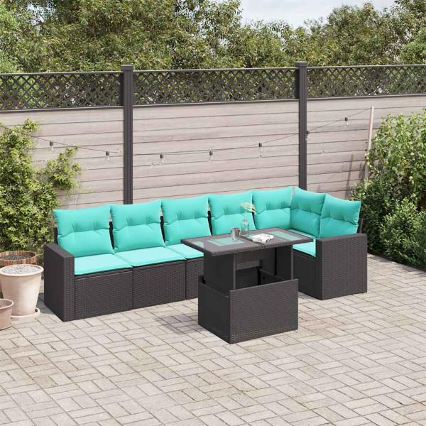 ARDEBO.de - 7-teiliges Gartensofa-Set mit Kissen, schwarzes Polyrattan