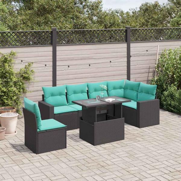 ARDEBO.de - 7-teiliges Gartensofa-Set mit Kissen, schwarzes Polyrattan