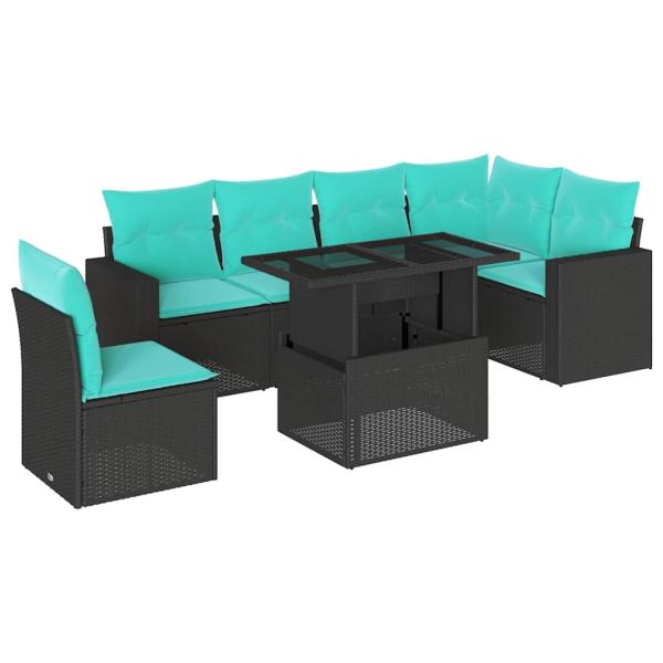 7-teiliges Gartensofa-Set mit Kissen, schwarzes Polyrattan