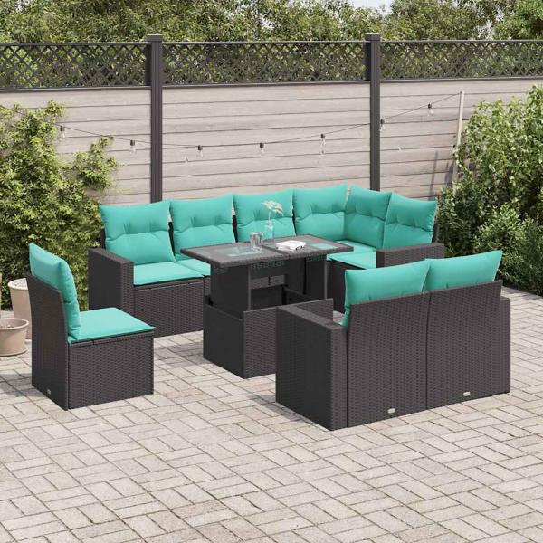 ARDEBO.de - 9-teiliges Gartensofa-Set mit Kissen, schwarzes Polyrattan