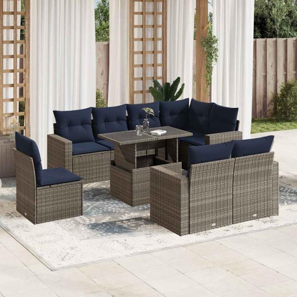 ARDEBO.de - 9-teiliges Gartensofa-Set mit Kissen, grau, Polyrattan