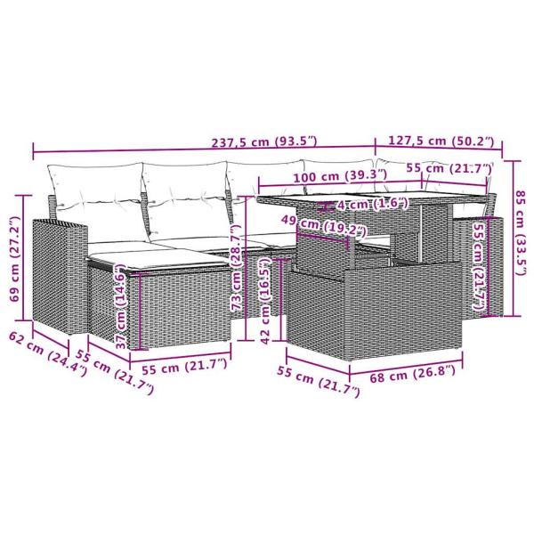7-teiliges Gartensofa-Set mit Kissen, grau, Polyrattan