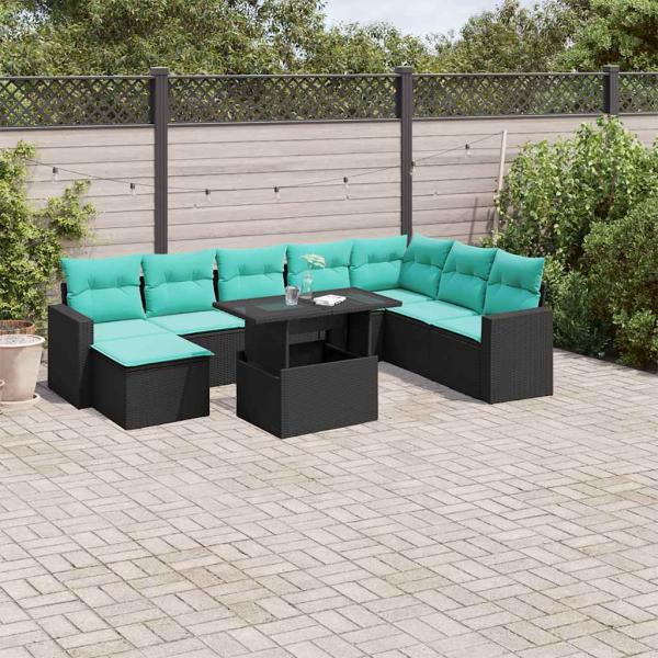 ARDEBO.de - 9-teiliges Gartensofa-Set mit Kissen, schwarzes Polyrattan