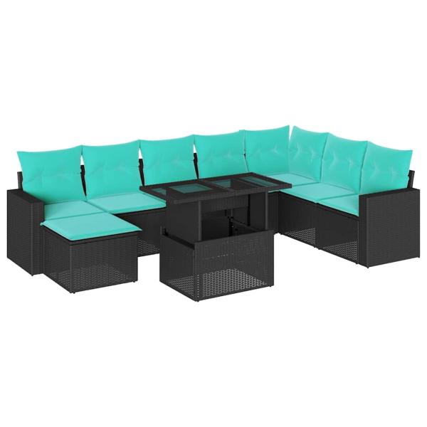 9-teiliges Gartensofa-Set mit Kissen, schwarzes Polyrattan