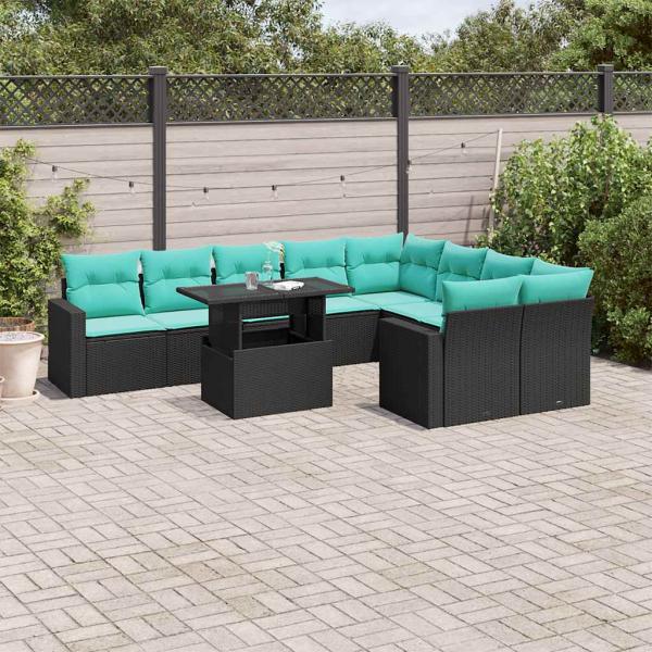 ARDEBO.de - 10-teiliges Gartensofa-Set mit Kissen, schwarzes Polyrattan