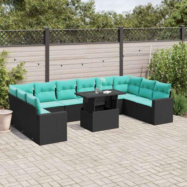 ARDEBO.de - 11-teiliges Gartensofa-Set mit Kissen, schwarzes Polyrattan