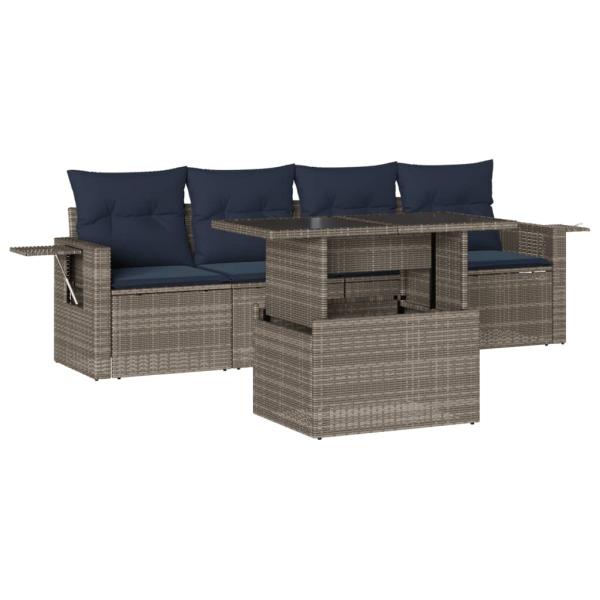 5-teiliges Gartensofa-Set mit Kissen, grau, Polyrattan