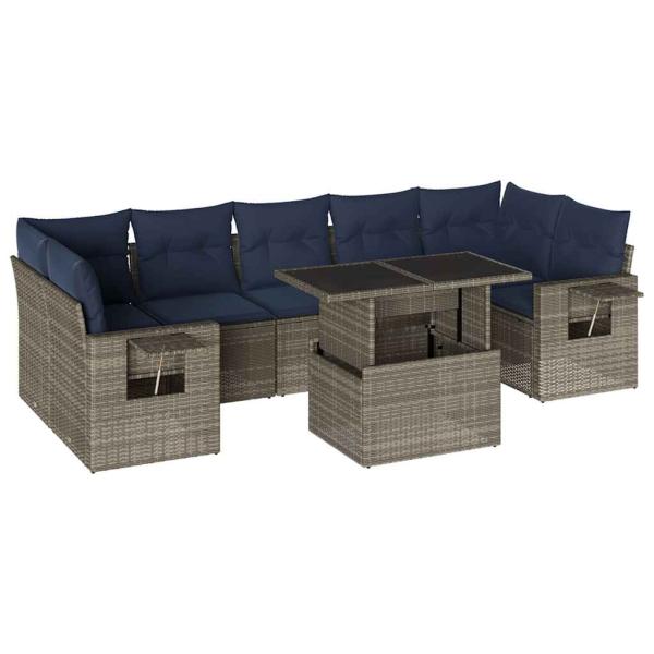 8-teiliges Gartensofa-Set mit Kissen, grau, Polyrattan