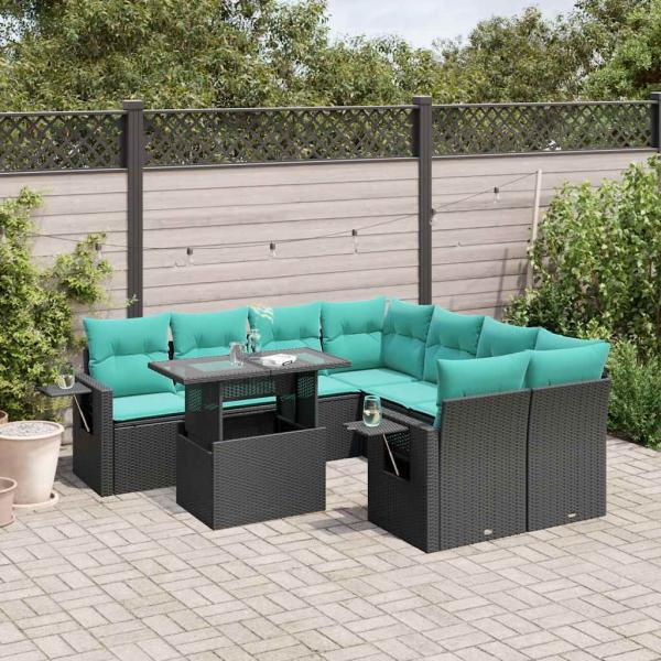 ARDEBO.de - 9-teiliges Gartensofa-Set mit Kissen, schwarzes Polyrattan