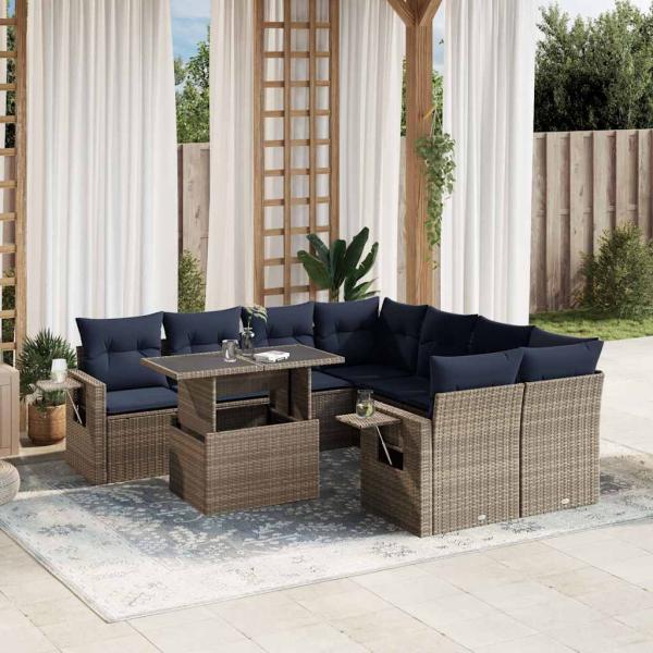 ARDEBO.de - 9-teiliges Gartensofa-Set mit Kissen, grau, Polyrattan